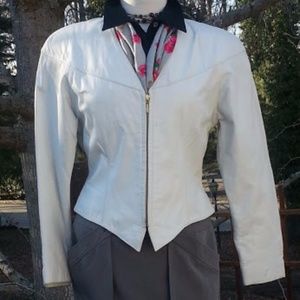 Vintage 80’s white leather form-fitted hip-length zip-up jacket sz M